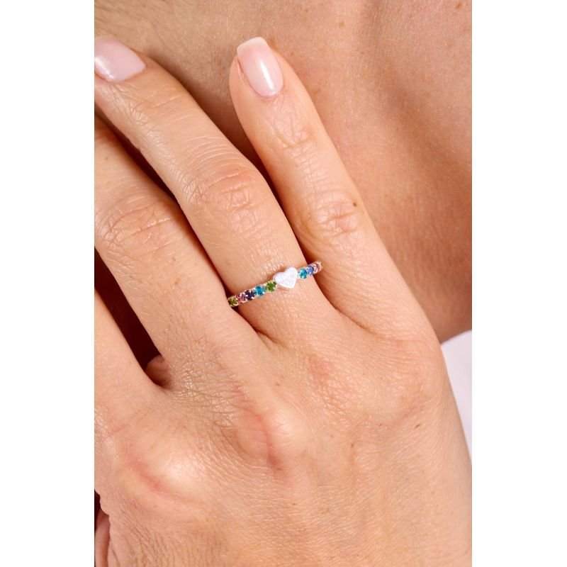 Anel strass coração Multicolor - Semijoias Prata