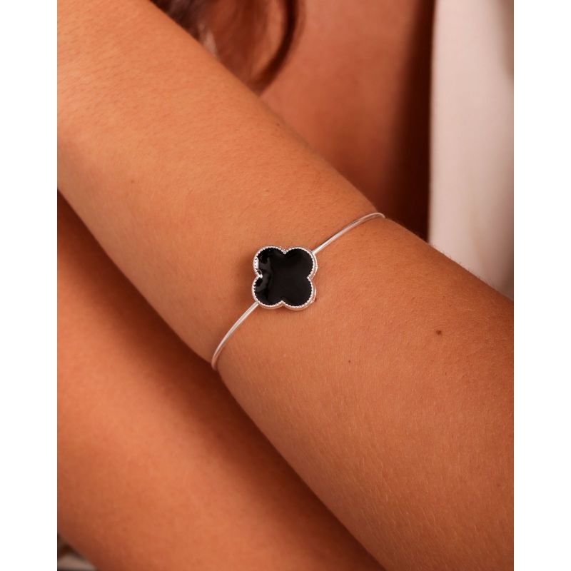 Bracelete Trevo com Pedra Preta - Semijoias Prata