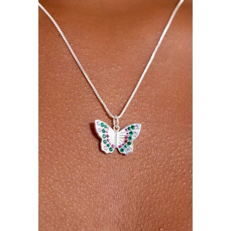 Colar Borboleta Cravejada Colorida - Semijoias Prata
