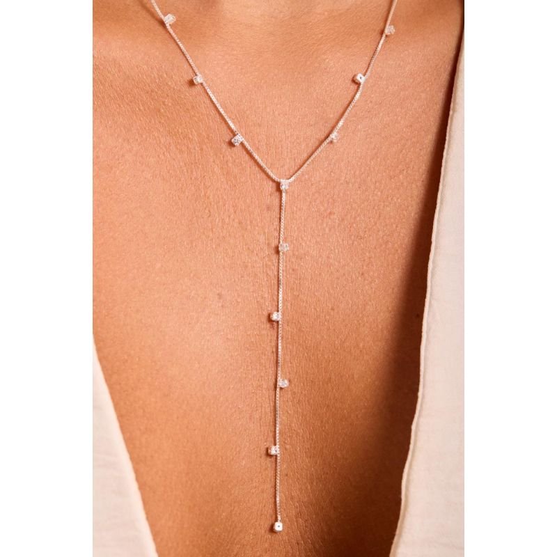 Colar gravata todo em zircônias - Semi joias Prata