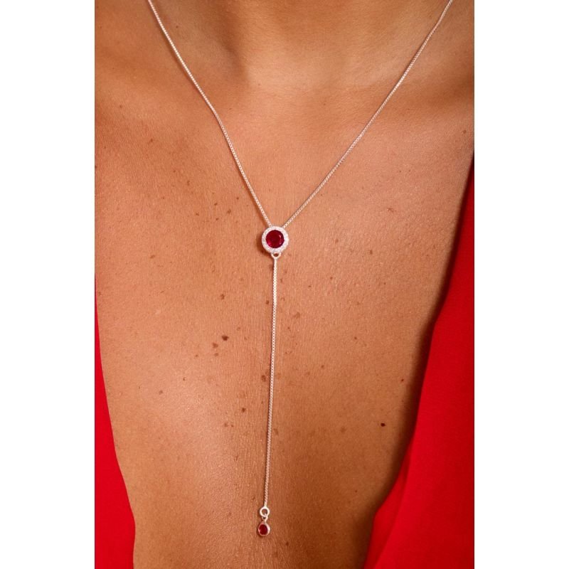 Colar gravata zircônia rubi - Semi joias Prata