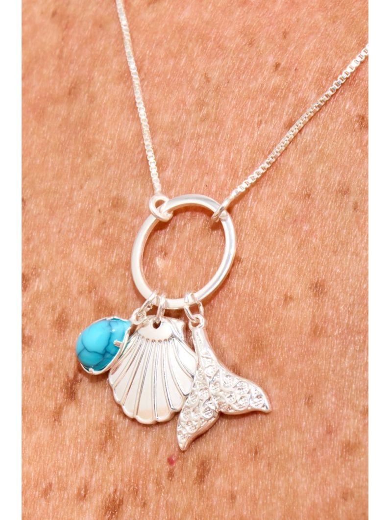 Colar | Patuá com pedra azul tiffany, concha e cauda detalhada 60cm