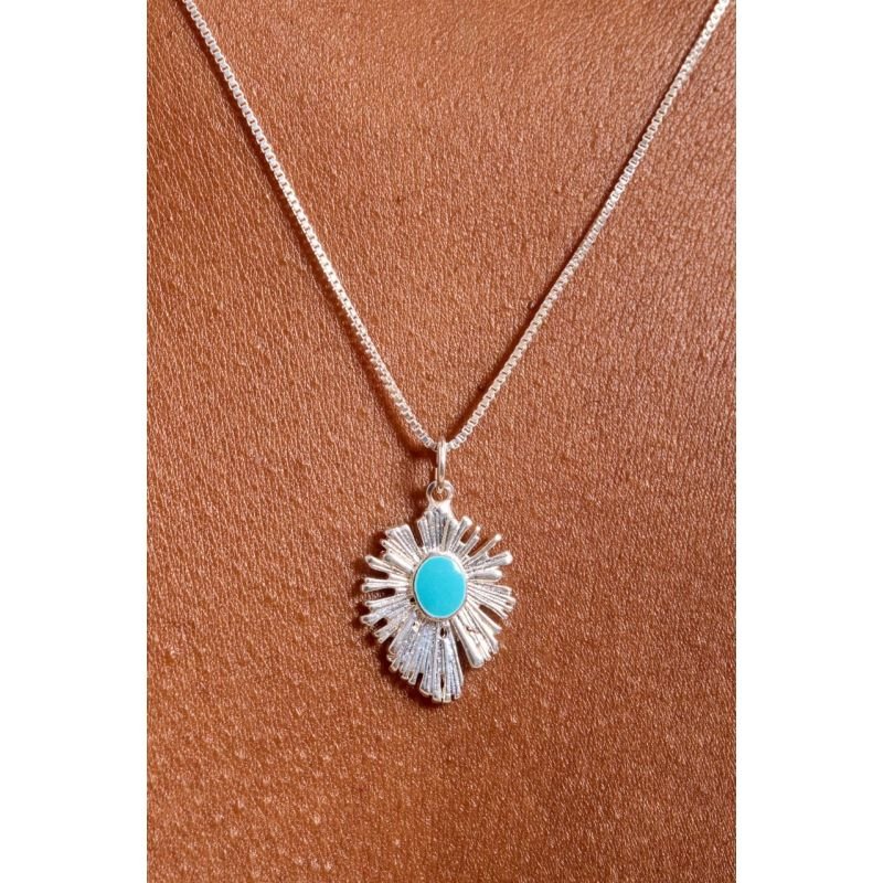 Colar pingente orgânico com resina azul- 45cm - Semijoias Prata