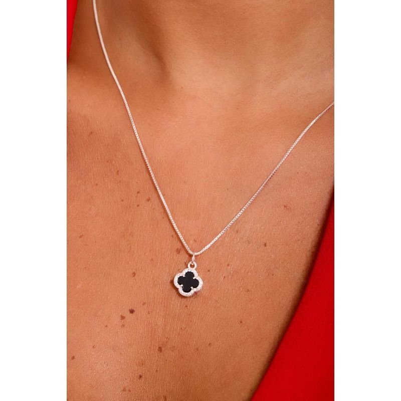 Colar trevo preto - Semijoias Prata