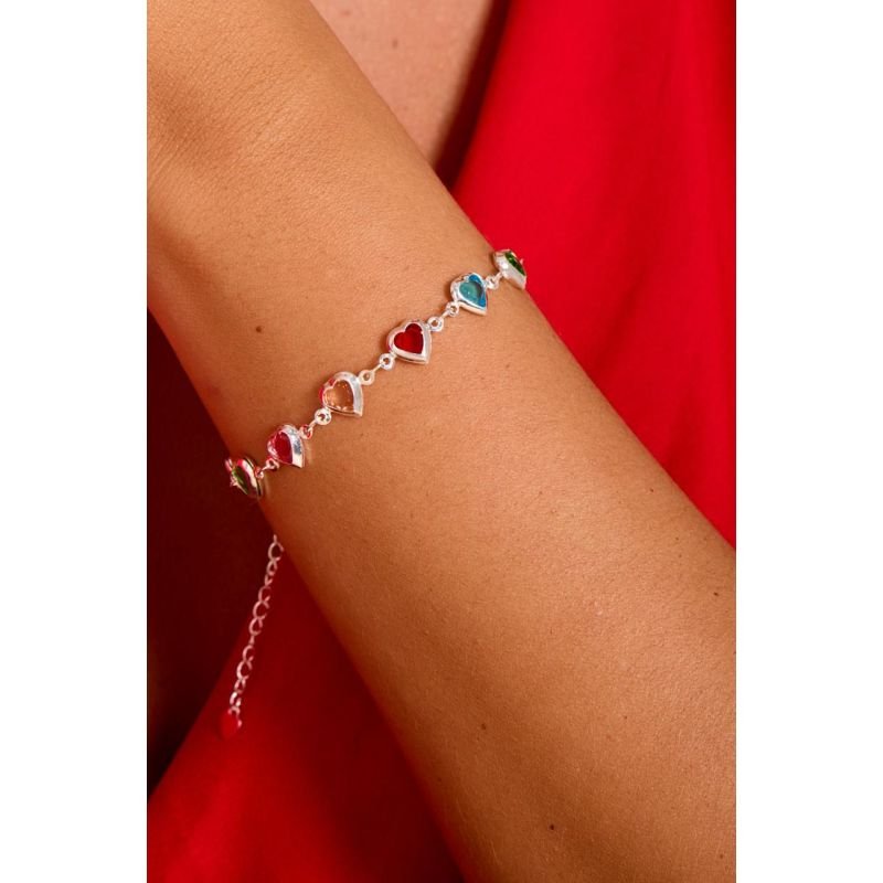 Pulseira- corações colorido - Semijoias Prata