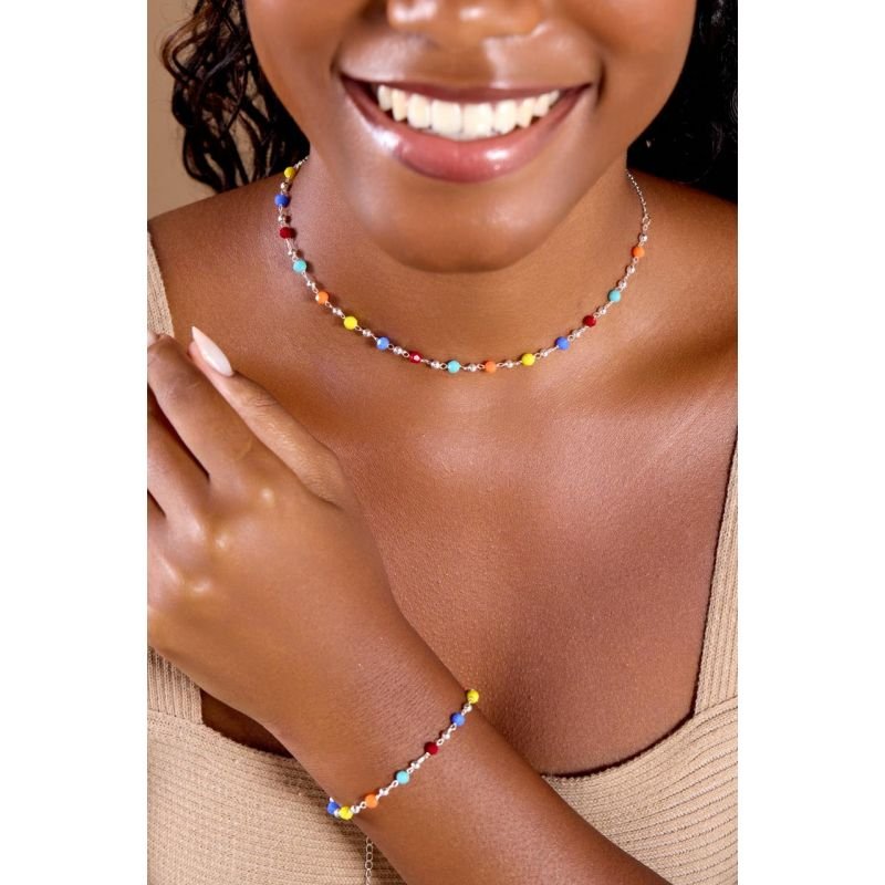 Pulseira de Bolinhas Coloridas - Semijoias Prata