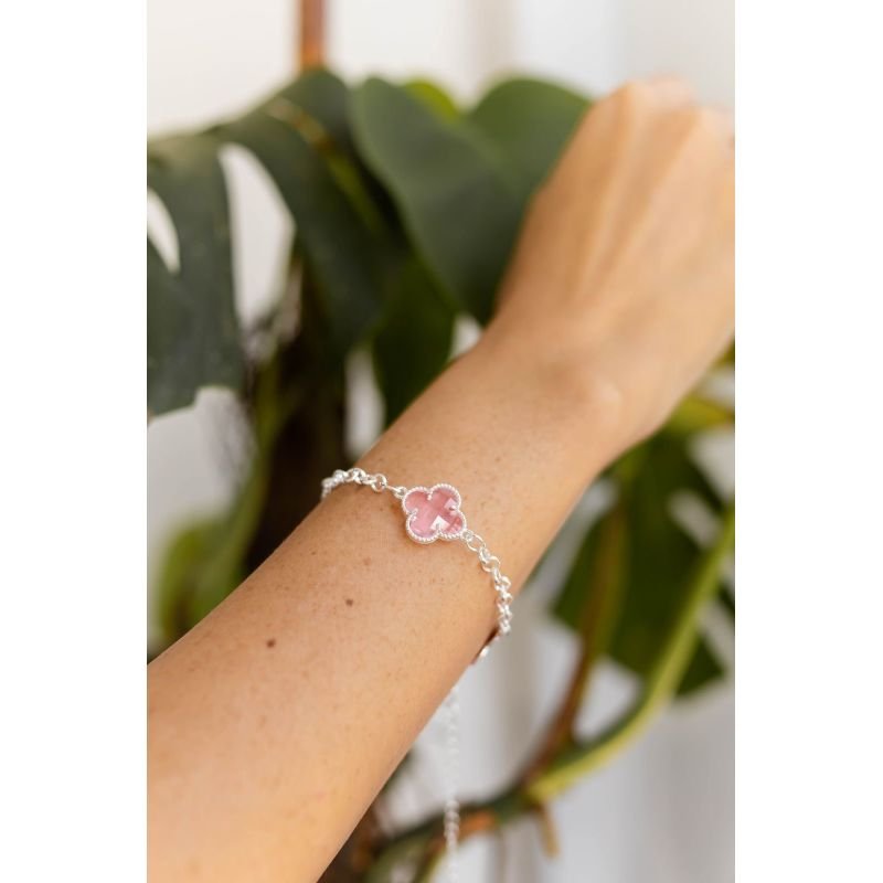Pulseira elo português trevo zircônia rosa e lilás - Semijoia prata